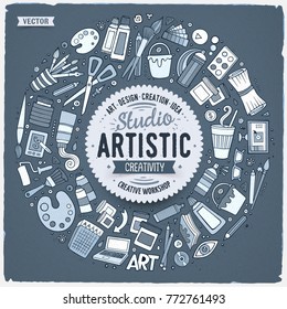Toned vector hand drawn set of Art cartoon doodle objects, symbols and items. Round frame composition
