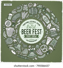 Toned vector hand drawn set of Beer fest cartoon doodle objects, symbols and items. Round frame composition