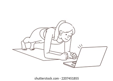 Toned young woman standing in plank training online with computer lesson. Sportive girl do sports exercise at home with webcam class on laptop. Vector illustration. 