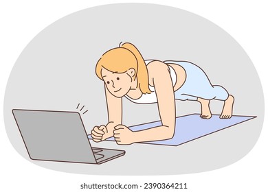 Toned young woman standing in plank training online with computer lesson. Sportive girl do sports exercise at home with webcam class on laptop. Vector illustration.