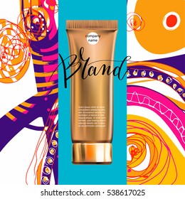 toner contained in plastic tube with gold lid and place for your brand name text for ads or magazine banner of cosmetics, cream, ointment, lotion, 3D vector illustration eps 10