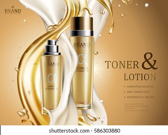 toner and lotion with golden and white fluid elements, 3d illustration