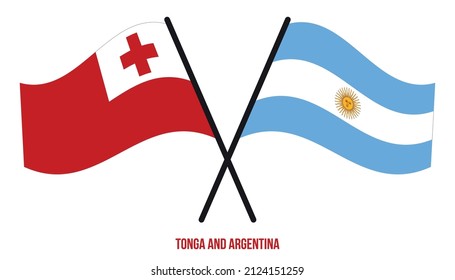 Tonga and Argentina Flags Crossed And Waving Flat Style. Official Proportion. Correct Colors.