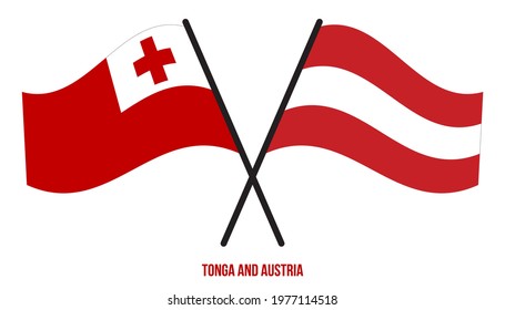 Tonga and Austria Flags Crossed And Waving Flat Style. Official Proportion. Correct Colors.
