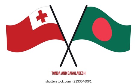 Tonga and Bangladesh Flags Crossed And Waving Flat Style. Official Proportion. Correct Colors.
