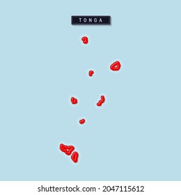 Tonga bold outline map. Glossy red border with soft shadow. Country name plate. Vector illustration.
