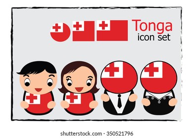 Tonga boy, girl, businessman, business women cartoon vector illustration and Tonga round, square and normal flag icon set
