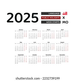 Tonga Calendar 2025. Week starts from Monday. Vector graphic design. English language.