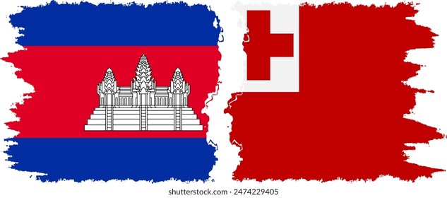 Tonga and Cambodia grunge flags connection, vector