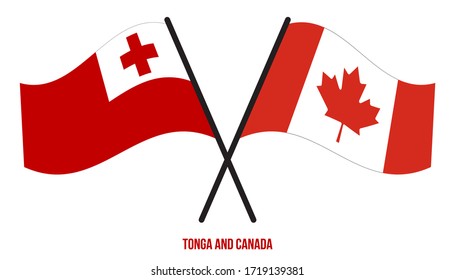 Banderas Tonga y Canadá Cruzadas Y Ondeadas De Estilo Plano. Proporción oficial. Colores correctos.