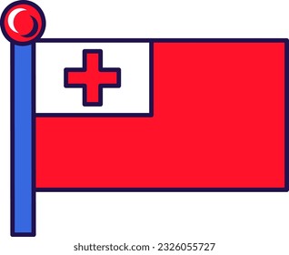 Bandera nacional de Tonga sobre el vector del asta. Campo rojo y rectángulo blanco con cruz griega en el centro, símbolo patriótico de libertad. Ilustración de caricaturas de diseño plano por el estado y civil