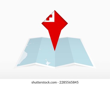 Tonga is depicted on a folded paper map and pinned location marker with flag of Tonga. Folded vector map.