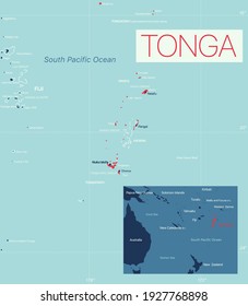 Tonga detailed editable map with cities and towns, geographic sites. Vector EPS-10 file