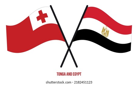 Banderas de Tonga y Egipto Cruzadas y ondeando estilo plano. Proporción oficial. Colores correctos.