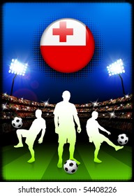 Botón de bandera de Tonga con partido de fútbol en el estadio Ilustración original