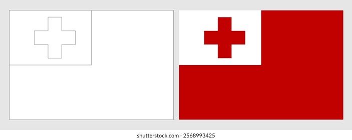Tonga flag - coloring page. Set of white wireframe thin black outline flag and original colored flag.