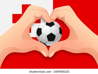 Tonga flag and hand heart shape. National football background. Soccer ball with flag of Tonga vector illustration