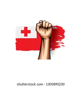 Tonga flag and hand on white background. Vector illustration