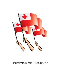Tonga flag and hand on white background. Vector illustration