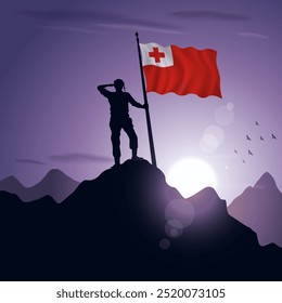 Tonga Flag hoisted on a mountain peak with a purplish sunset in the background, vector illustration