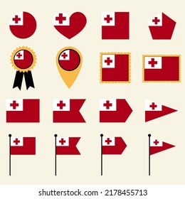 Tonga flag icon set in 16 shape versions. Collection of Tonga flag icons with square, circle, heart, triangle, medal, stamp and location shapes.
