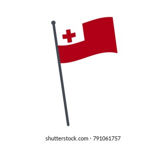 Tonga flag. The national flag of Tonga on a pole. The waving flag. The sign and symbol of the country. Realistic vector on white.