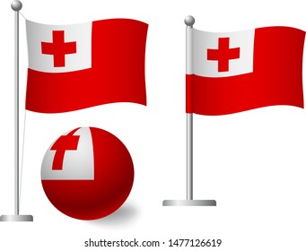 Tonga flag on pole and ball. Metal flagpole. National flag of Tonga vector illustration