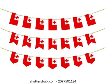Tonga-Flagge auf den Seilen auf weißem Hintergrund. Set von patriotischen Streichfahnen. Jagdverzierung der Tonga-Flagge