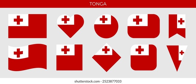 Tonga flag set. National flag in various shapes. Vector illustration isolated on white background