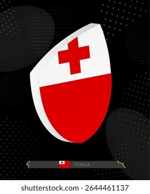 Tonga Flag Shield icon in 3D on Dark Modern Abstract Rugby Background. Perfect for sports events, heritage themes, national celebrations, and patriotic designs.