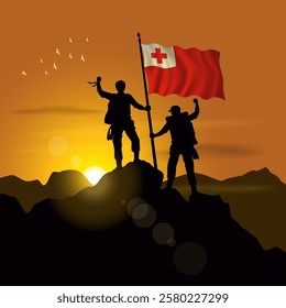 Tonga flag, silhouette of two climbers holding flags at sunset