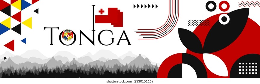 The Tonga Independence Day abstract banner design with flag and map. Flag color theme geometric pattern retro modern Illustration design. Red and Black color template.