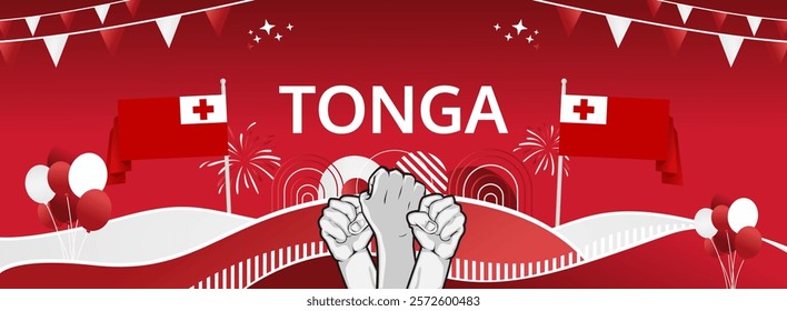 Tonga Independence Day modern greeting banner. 4th June Happy Tonga National Day. Holidays abstract concept in flag colors. Great for event like carnival, feast poster, support, culture and tourism