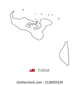 Tonga Islands map line, linear thin vector simple outline and flag. Black on white background
