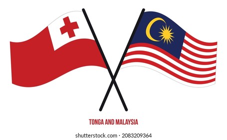 Tonga and Malaysia Flags Crossed And Waving Flat Style. Official Proportion. Correct Colors.