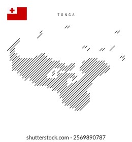 Tonga map from pattern of black slanted parallel lines. Tongan map with gray diagonal lines. Silhouette of a country made of oblique hatching. Vector illustration isolated on white.