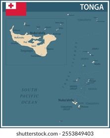 Tonga Map Vector Vintage Dark Blue Beige - Customizable layered political map of Tonga with administrative divisions for website, education, reports, news, politics, print, poster and wallpaper