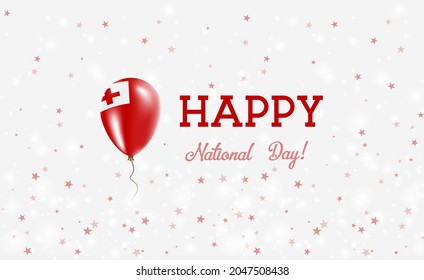 Tonga National Day patriotic poster. Flying Rubber Balloon in Colors of the Tongan Flag. Tonga National Day background with Balloon, Confetti, Stars, Bokeh and Sparkles.