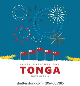 Tonga national day vector illustration with its national flags and fireworks. Oceanian and Pacific country public holiday.