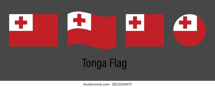 Tonga National Flag Set Collection with Rectangle, Waving, Square and Circle Shapes Isolated on Black Background Vector Illustration