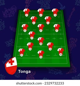 Tonga national rugby team on the rugby field. Illustration of players position on field. Vector template.