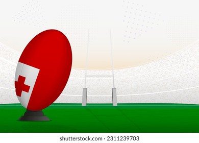 La selección nacional de Tonga, pelota de rugby en el estadio de rugby y puestos de gol, preparándose para un penal o patada libre. Ilustración vectorial.