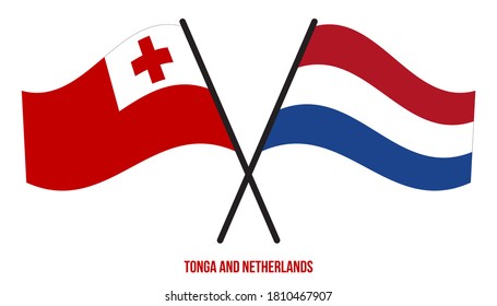 Tonga and Netherlands Flags Crossed And Waving Flat Style. Official Proportion. Correct Colors.