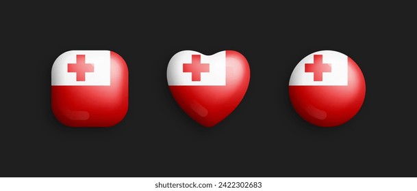 Tonga Official National Flag 3D Vector Glossy Icons In Rounded Square, Heart And Circle Shape Isolate On Black Background. Tongan Sign And Symbols Graphic Design Elements Volumetric Buttons Collection