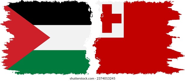 Tonga and Palestine grunge flags connection, vector