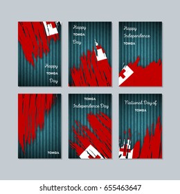 Tonga Patriotic Cards for National Day. Expressive Brush Stroke in National Flag Colors on dark striped background. Tonga Patriotic Vector Greeting Card.