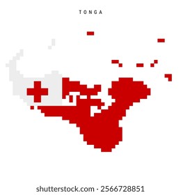 Tonga pixel flag map icon. 8 bit pixel art Tongan map covered with flag. Flat vector illustration isolated on white background.