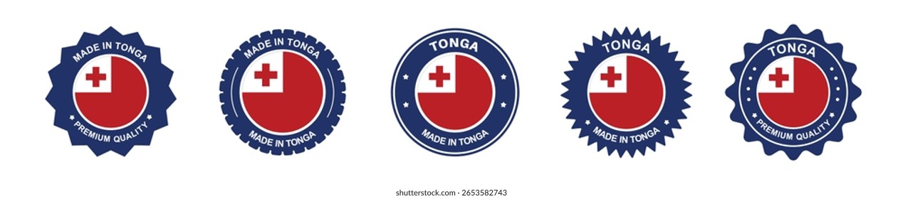 tonga Produktetikettensatz. Tonga Flagge, Premium Made in Tonga . Etiketten, Siegel, Stempel, Fahnen, Symbole