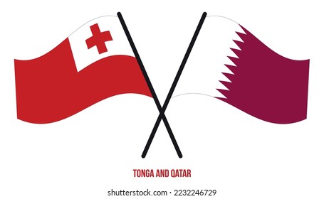 Banderas Tonga y Qatar Cruzadas Y Ondeando De Estilo Plano. Proporción oficial. Colores correctos.