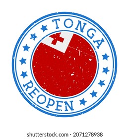 Tonga Reopening Stamp. Round badge of country with flag of Tonga. Reopening after lockdown sign. Vector illustration.